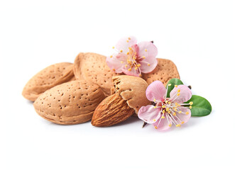 Blooms almonds nuts on white backgrounds