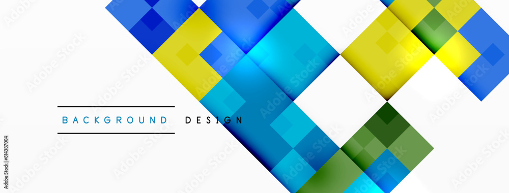 Poster colorfulness of blue, yellow, and green geometric shapes like rectangles and squares on a white back