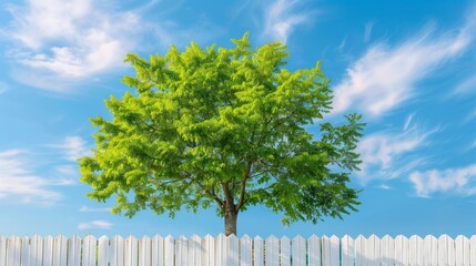 Fototapeta premium Beautiful decorative tree with green leaves over white fence and blue sky. Summer background