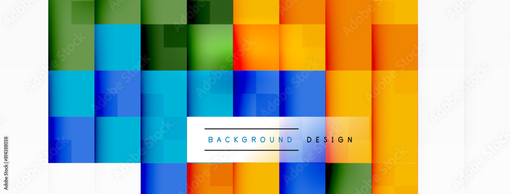 Poster a vibrant geometric pattern in tints and shades of electric blue and orange, displayed on a white ba