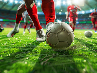 Closeup of soccer players' feet, kicking the ball on a green field. AI generative.