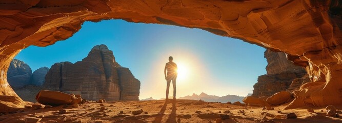 Man standing in the middle of a desert near a rock arch with the sun shining through the arch in the distance, with a mountain in the background. - Powered by Adobe