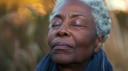 Grateful Senior African American woman closing eyes in Spiritual contemplation standing outside, close-up face of one black elderly gray hair lady in 80s feeling presence of GOD