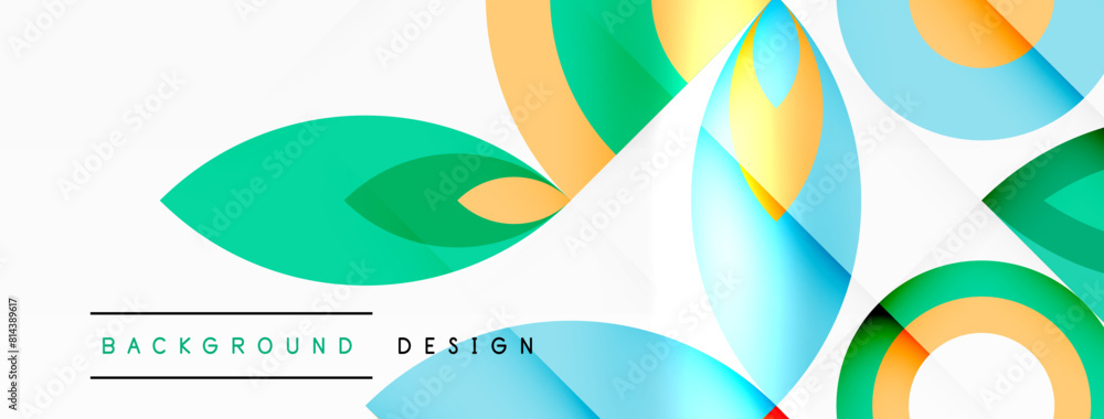Poster An artful composition featuring triangles and circles in electric blue, creating a symmetrical pattern with natural leaves on a white background