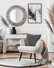 Elegant and modern interior living room spaces with chic decor. Interior design composition.