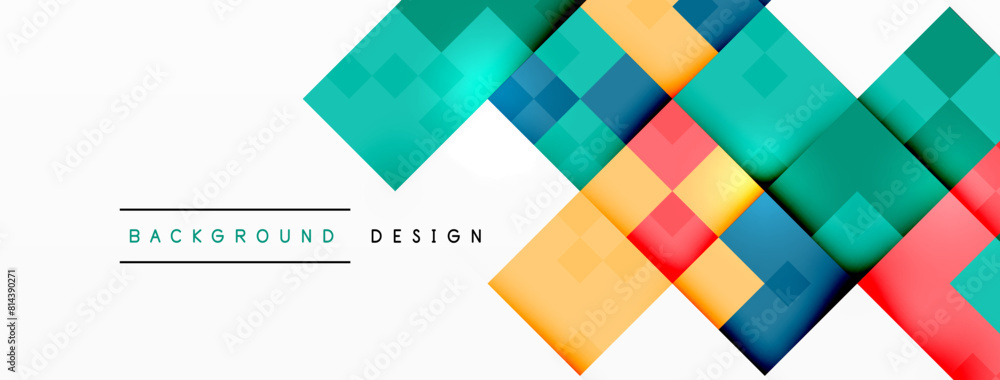 Poster a vibrant pattern of azure, electric blue, magenta, and aqua rectangles and triangles on a white bac