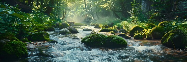 Mountain river with green stones with moss in the forest in summer realistic nature and landscape