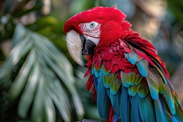 Fototapeta premium Red Macaw Peroquet bird with colorful feathers and beak in a zoo