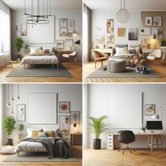 A collage of Bedroom sets have template mockup poster empty white photo has illustrative meaning has illustrative meaning used for printing.