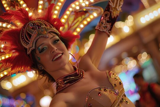 Las Vegas Showgirl in Shimmering Costume. Captivating Dance Performance by Female Performer on Las