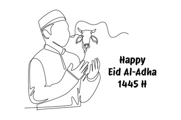 Happy Eid Adha concept. Single line draw design vector graphic illustration.