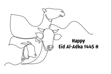Happy Eid Adha concept. Single line draw design vector graphic illustration.