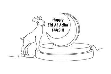 Happy Eid Adha concept. Single line draw design vector graphic illustration.