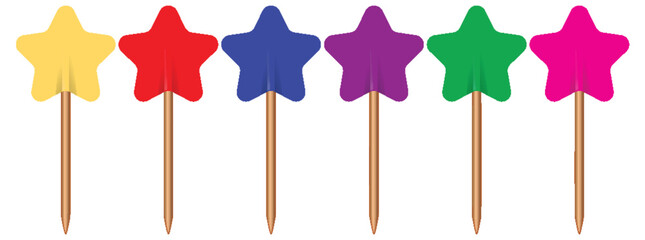Five vibrant star-shaped push pins in a row
