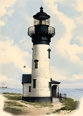 historic rendering of an old lighthouse on a beach with Yaquina Head Light in the background