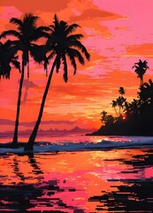 sunset over a body of water, with palm trees and plants in the background