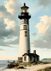 historic rendering of an old lighthouse on a beach