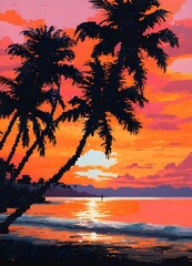 sunset over a body of water, with palm trees and plants in the background