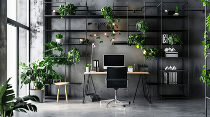 Contemporary workroom featuring a minimalist black and white color scheme, geometric shelving...