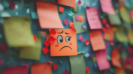 Close-up of a sad emoticon face on a sticky note among many, surrounded by colorful reminders. Concept of overwhelming tasks and emotional stress in the workplace.