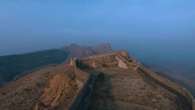 Drone flight at ranikot fort in sindh pakistan over historical ruins