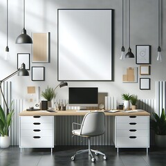 A desk with a computer and a chair in front of a wall with plants image art photo photo attractive.
