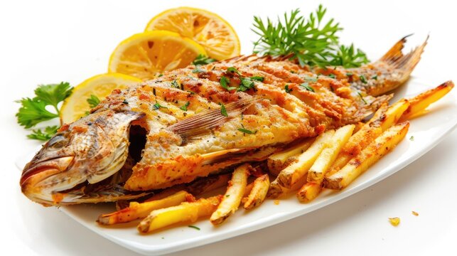 Cilantro-Coated Fried Mojarra Colombian Dish with Crispy French Fries. Appetising Cooked Fish