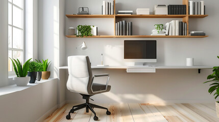 Bright and airy minimalist office space with floating wooden shelves, a compact white desk, and a comfortable grey swivel chair,