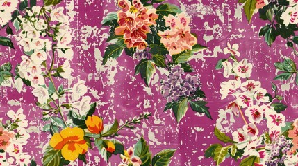 Vintage Bougainvillea Foxglove Lilac floral seamless pattern background.