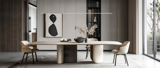 Chic and simple dining space with a rectangular beige table, minimalist design, and a focus on functionality and style,