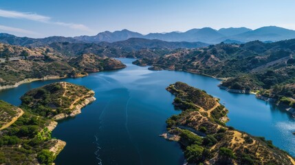 Obraz premium Aerial View of Beautiful Westlake Village Landscape with Mountains and Nature - Drone Shot Over Las