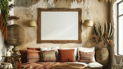 Boho Nomadic Interior with Rustic Touch: 3D Render of Mockup Frame