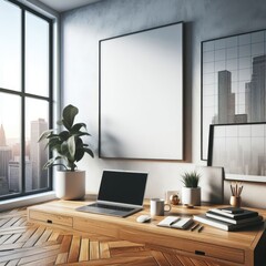 Fototapeta premium A desk with a laptop and a plant on it image art attractive card design.