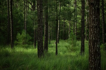 Obraz premium Tranquil Afternoon in Northeast Summer: Dense Piney Woods - A Scenic Image of Nature's Abundance