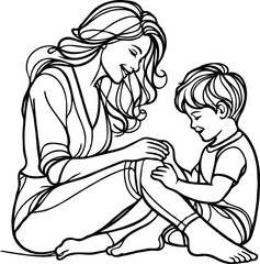mom and son line art