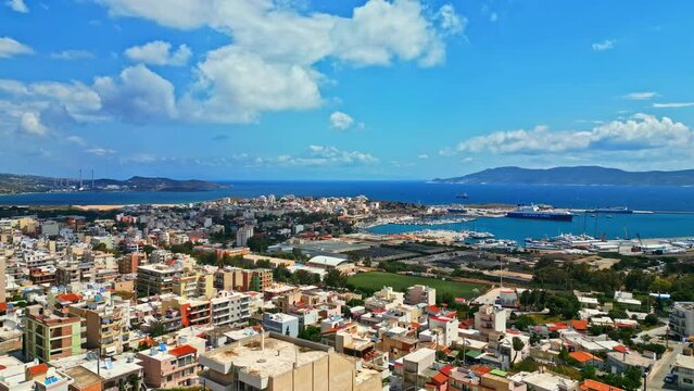 Aerial view of Zakynthos city and port on Zante island in Greece. Drone panorama of sunny travel destination in Greece.