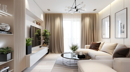 Compact living room in modern beige tones, minimalist aesthetics with a focus on functionality and style,