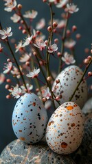 three eggs sitting rock flowers background copper oxide rust materials crafts more color easter crackles