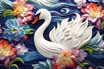 Obraz premium a painting of a swan with flowers and a swan.