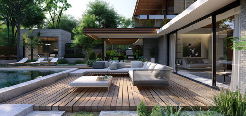 modern house with garden and swimming pool, open roofed terrace, with grey metal window frames