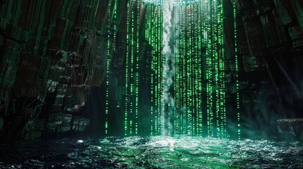 Fototapeta premium Virtual waterfall, streams of matrix green codes over a dark abyss