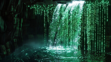 Virtual waterfall, streams of matrix green codes over a dark abyss