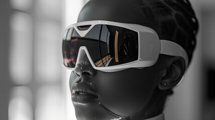 Fototapeta premium The image shows a black and white photo of a person wearing futuristic glasses. The person is looking to the right of the frame.
