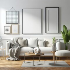 A living room with a template mockup poster empty white and with a couch and a coffee table attractive harmony has illustrative meaning.