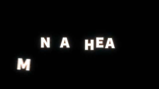 4K text reveal of the word "mental health" on a black background. The letters rise up letter by letter and are then surrounded by a subtle neon glow with animation behind, ending with a fade to black.