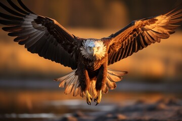 Close up portrait of eagle soaring in soft morning light with hyper realistic textures