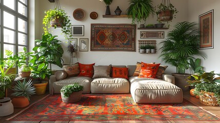 Advanced Bohemian living room setup displaying a mix of global textiles and unique art pieces, hyperrealistically depicted with sharp graphics and a rich, earthy color scheme, no people 