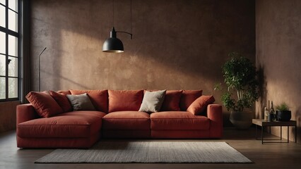 Live edge coffee table near corner sofa. Japandi interior design of modern living room, home.
