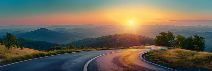 Mountain road, The curve of the road at sunset, Asphalt coating, Bright horizon realistic nature...