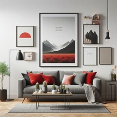 A living room with a template mockup poster empty white and with a couch and a picture on the wall image harmony.
